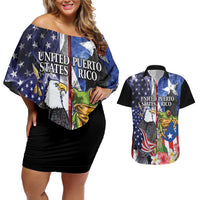 United States Puerto Rico Couples Matching Off Shoulder Short Dress and Hawaiian Shirt USA Eagle Coqui Drum Tropical Flowers - Wonder Print Shop