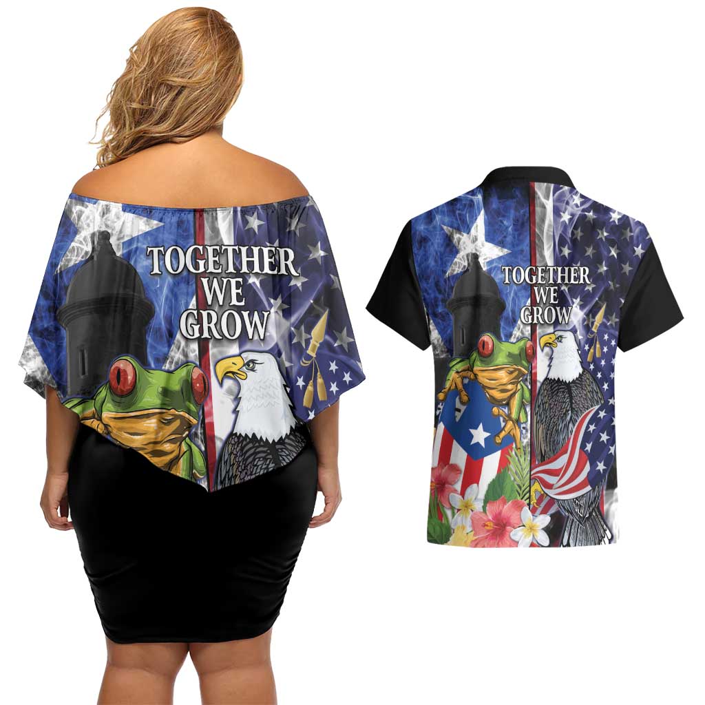 United States Puerto Rico Couples Matching Off Shoulder Short Dress and Hawaiian Shirt USA Eagle Coqui Drum Tropical Flowers - Wonder Print Shop