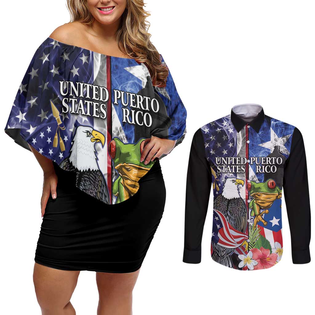 United States Puerto Rico Couples Matching Off Shoulder Short Dress and Long Sleeve Button Shirt USA Eagle Coqui Drum Tropical Flowers - Wonder Print Shop