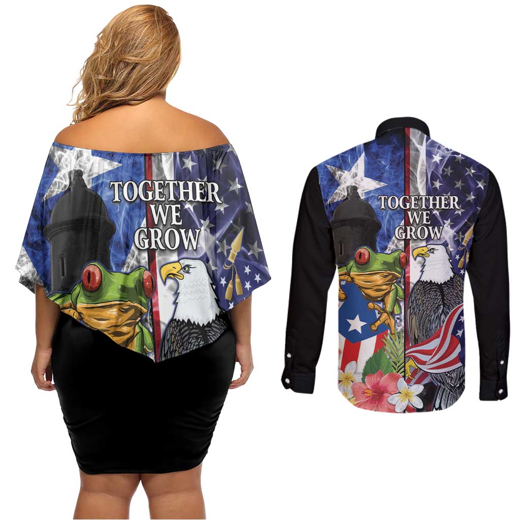 United States Puerto Rico Couples Matching Off Shoulder Short Dress and Long Sleeve Button Shirt USA Eagle Coqui Drum Tropical Flowers - Wonder Print Shop