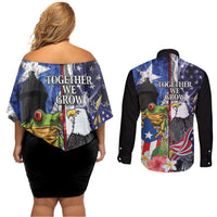 United States Puerto Rico Couples Matching Off Shoulder Short Dress and Long Sleeve Button Shirt USA Eagle Coqui Drum Tropical Flowers - Wonder Print Shop