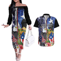 United States Puerto Rico Couples Matching Off The Shoulder Long Sleeve Dress and Hawaiian Shirt USA Eagle Coqui Drum Tropical Flowers - Wonder Print Shop