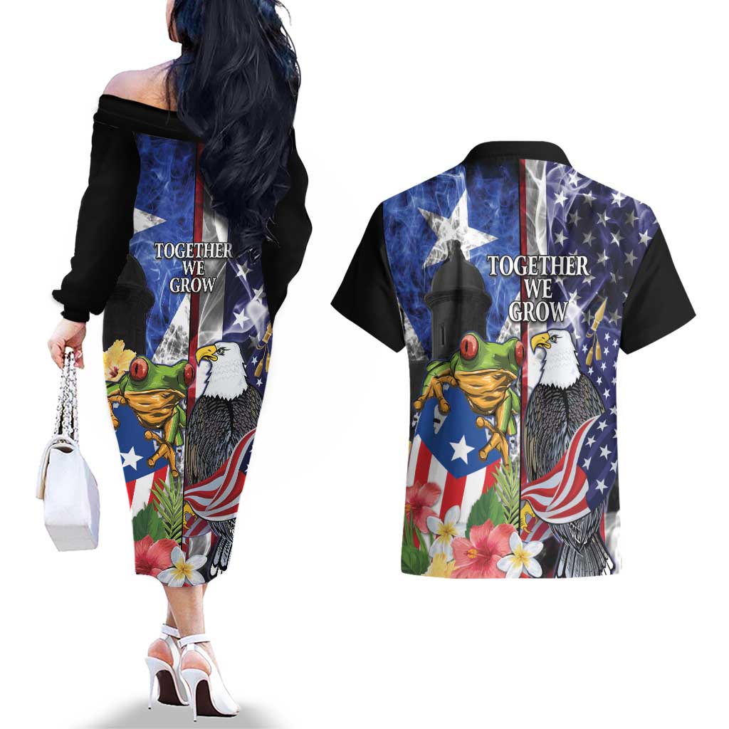 United States Puerto Rico Couples Matching Off The Shoulder Long Sleeve Dress and Hawaiian Shirt USA Eagle Coqui Drum Tropical Flowers - Wonder Print Shop