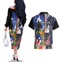 United States Puerto Rico Couples Matching Off The Shoulder Long Sleeve Dress and Hawaiian Shirt USA Eagle Coqui Drum Tropical Flowers - Wonder Print Shop
