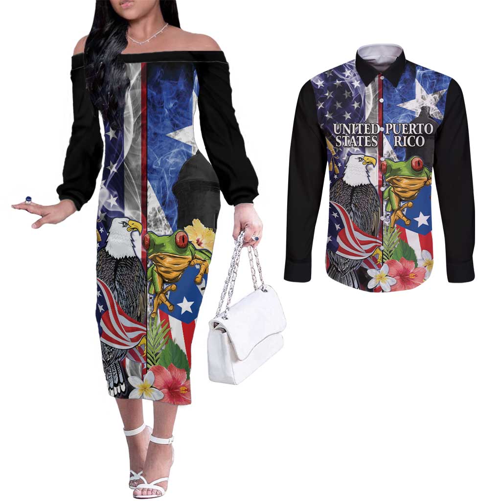 United States Puerto Rico Couples Matching Off The Shoulder Long Sleeve Dress and Long Sleeve Button Shirt USA Eagle Coqui Drum Tropical Flowers - Wonder Print Shop