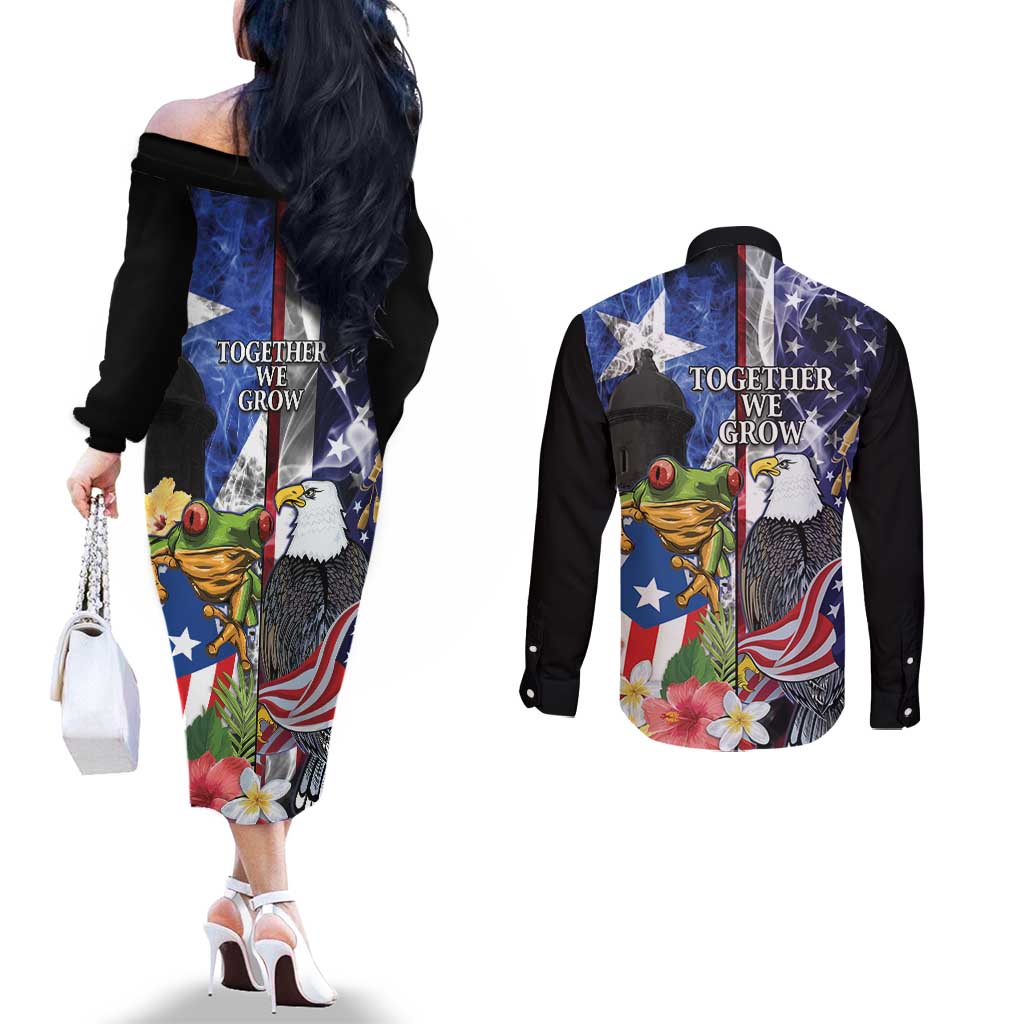 United States Puerto Rico Couples Matching Off The Shoulder Long Sleeve Dress and Long Sleeve Button Shirt USA Eagle Coqui Drum Tropical Flowers - Wonder Print Shop