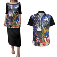 United States Puerto Rico Couples Matching Puletasi and Hawaiian Shirt USA Eagle Coqui Drum Tropical Flowers - Wonder Print Shop