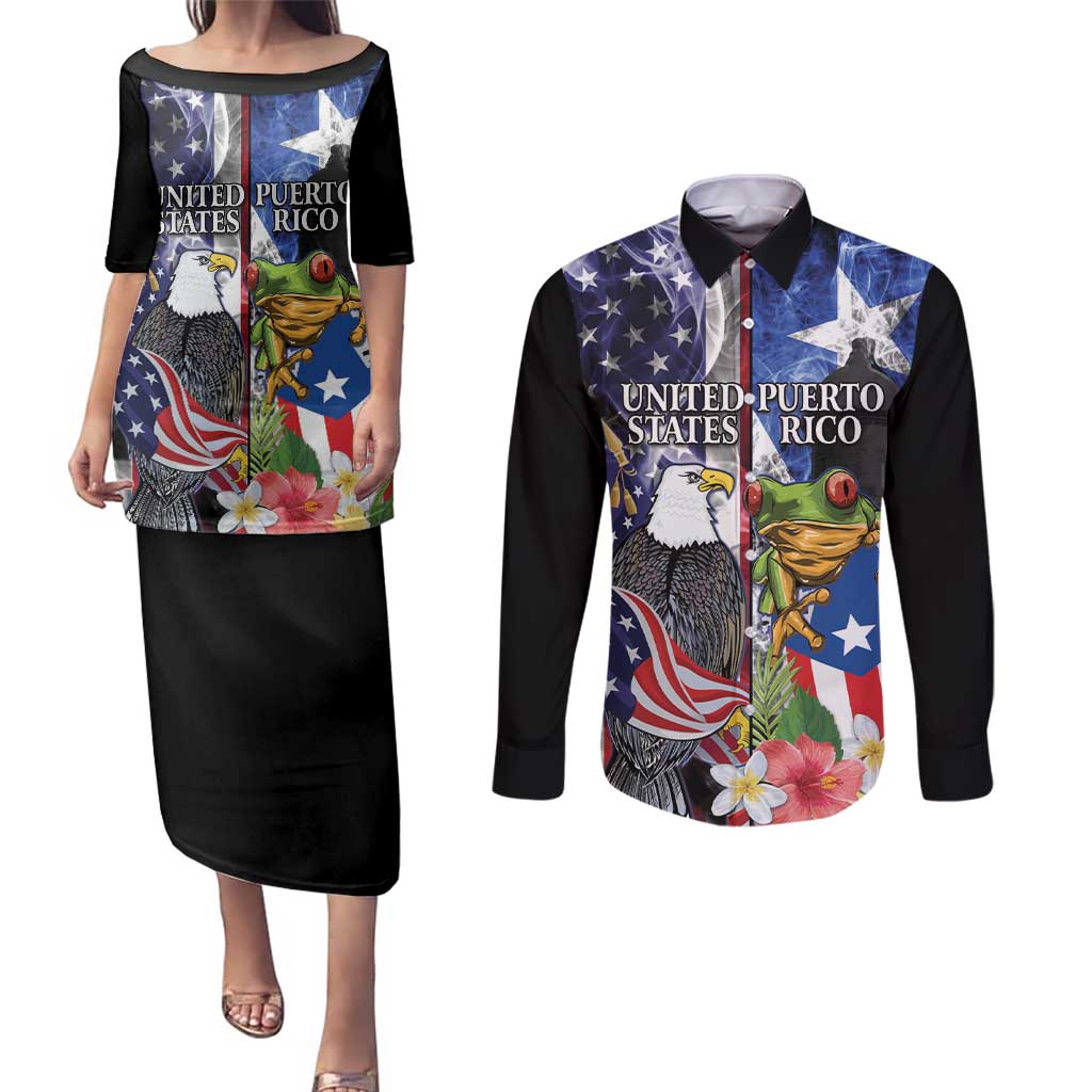 United States Puerto Rico Couples Matching Puletasi and Long Sleeve Button Shirt USA Eagle Coqui Drum Tropical Flowers - Wonder Print Shop