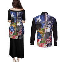 United States Puerto Rico Couples Matching Puletasi and Long Sleeve Button Shirt USA Eagle Coqui Drum Tropical Flowers - Wonder Print Shop