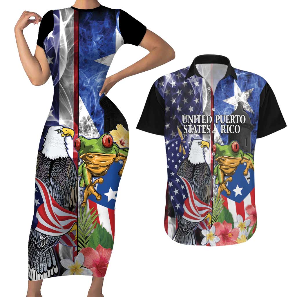 United States Puerto Rico Couples Matching Short Sleeve Bodycon Dress and Hawaiian Shirt USA Eagle Coqui Drum Tropical Flowers - Wonder Print Shop
