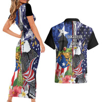 United States Puerto Rico Couples Matching Short Sleeve Bodycon Dress and Hawaiian Shirt USA Eagle Coqui Drum Tropical Flowers - Wonder Print Shop