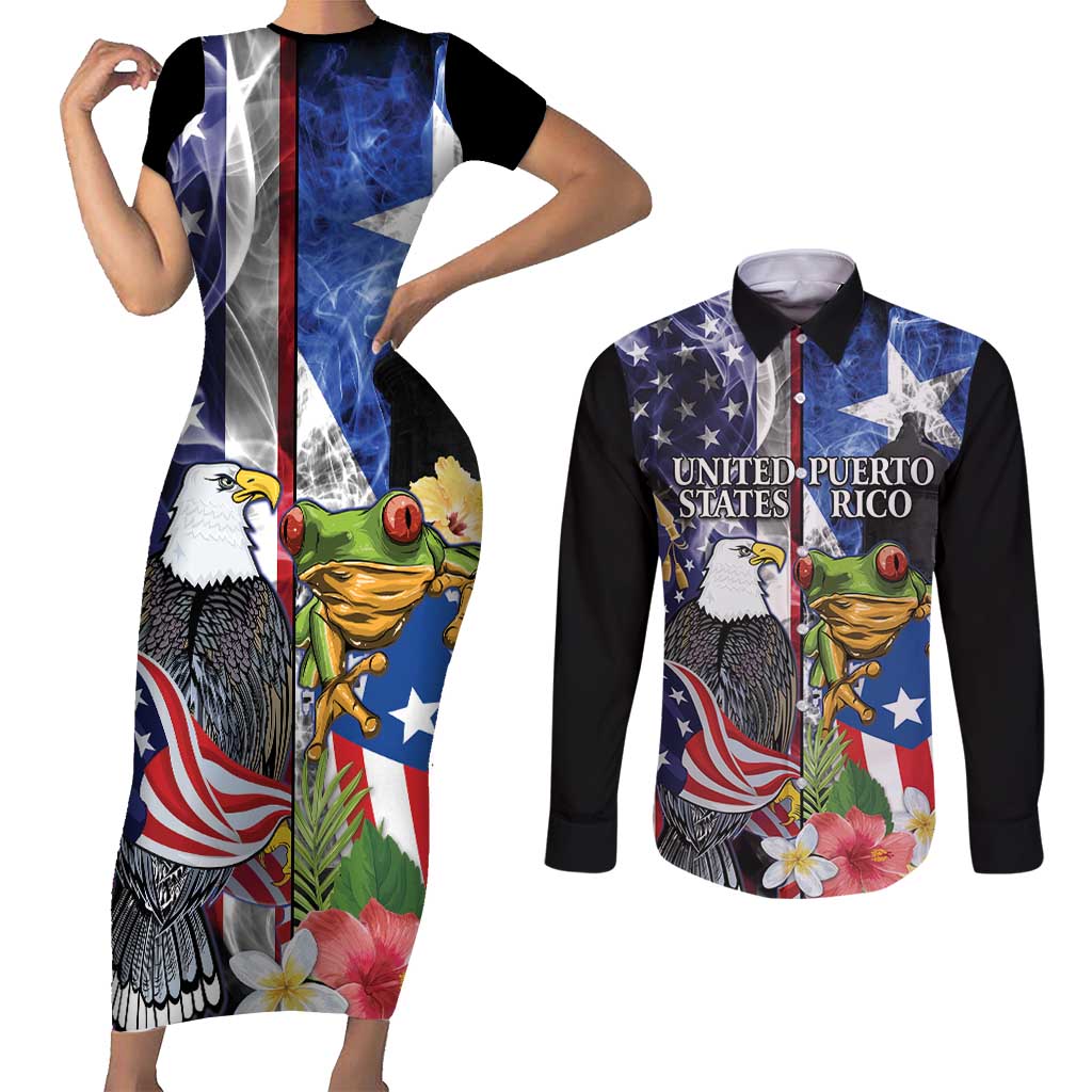 United States Puerto Rico Couples Matching Short Sleeve Bodycon Dress and Long Sleeve Button Shirt USA Eagle Coqui Drum Tropical Flowers - Wonder Print Shop
