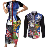 United States Puerto Rico Couples Matching Short Sleeve Bodycon Dress and Long Sleeve Button Shirt USA Eagle Coqui Drum Tropical Flowers - Wonder Print Shop