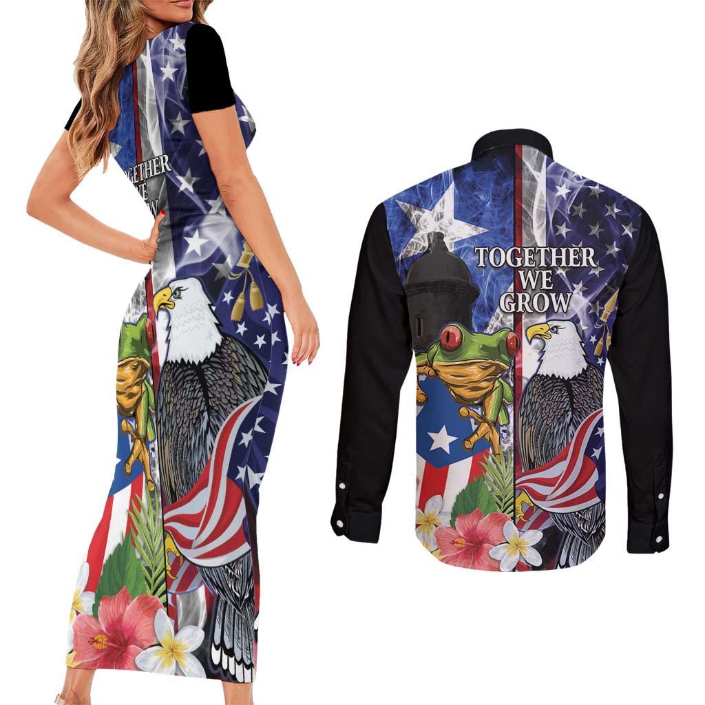 United States Puerto Rico Couples Matching Short Sleeve Bodycon Dress and Long Sleeve Button Shirt USA Eagle Coqui Drum Tropical Flowers - Wonder Print Shop