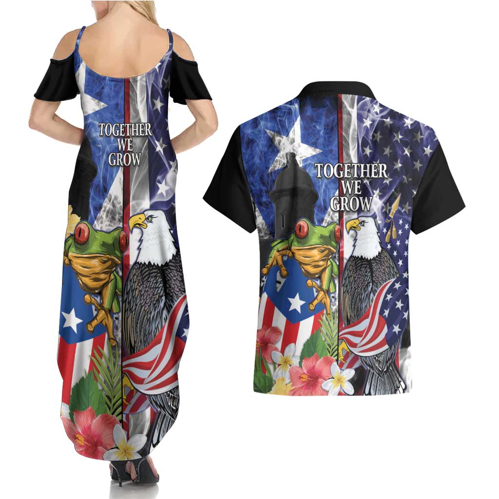 United States Puerto Rico Couples Matching Summer Maxi Dress and Hawaiian Shirt USA Eagle Coqui Drum Tropical Flowers - Wonder Print Shop