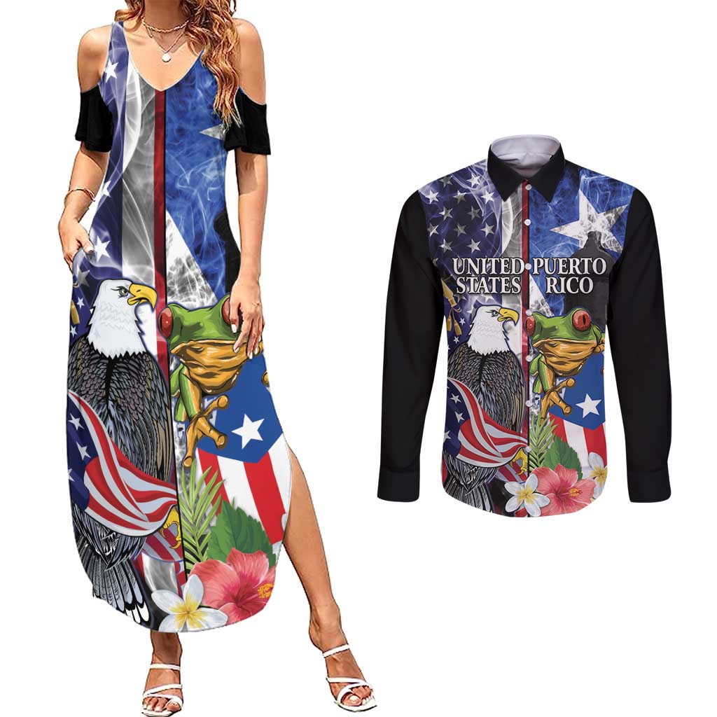 United States Puerto Rico Couples Matching Summer Maxi Dress and Long Sleeve Button Shirt USA Eagle Coqui Drum Tropical Flowers - Wonder Print Shop