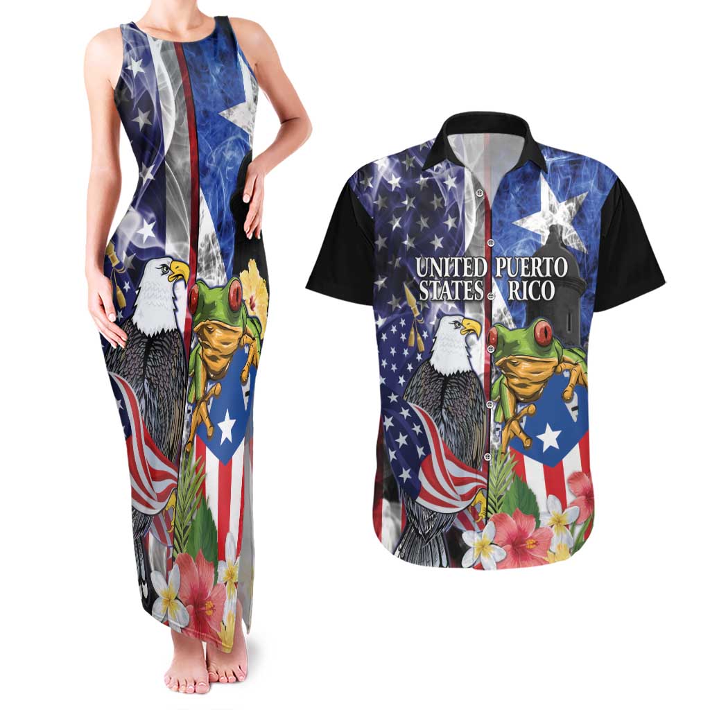 United States Puerto Rico Couples Matching Tank Maxi Dress and Hawaiian Shirt USA Eagle Coqui Drum Tropical Flowers - Wonder Print Shop