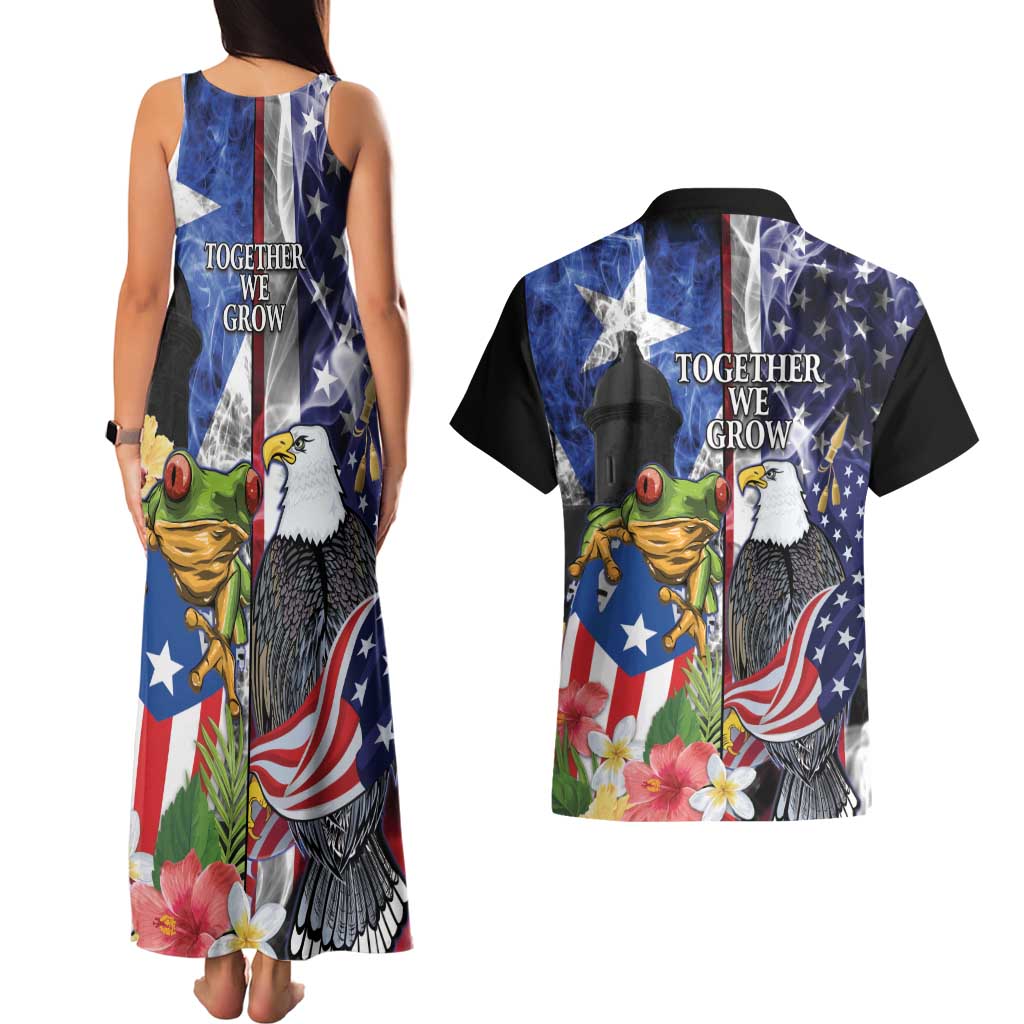 United States Puerto Rico Couples Matching Tank Maxi Dress and Hawaiian Shirt USA Eagle Coqui Drum Tropical Flowers - Wonder Print Shop