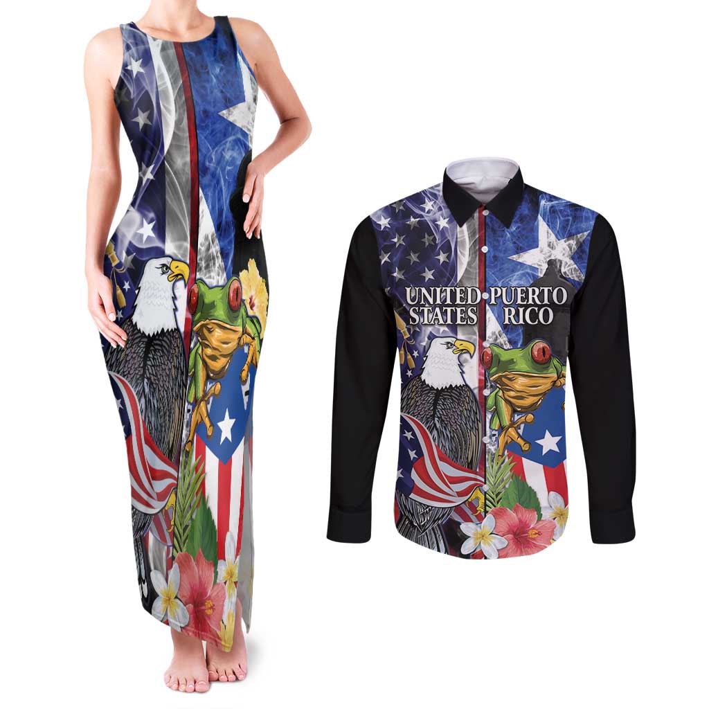 United States Puerto Rico Couples Matching Tank Maxi Dress and Long Sleeve Button Shirt USA Eagle Coqui Drum Tropical Flowers - Wonder Print Shop