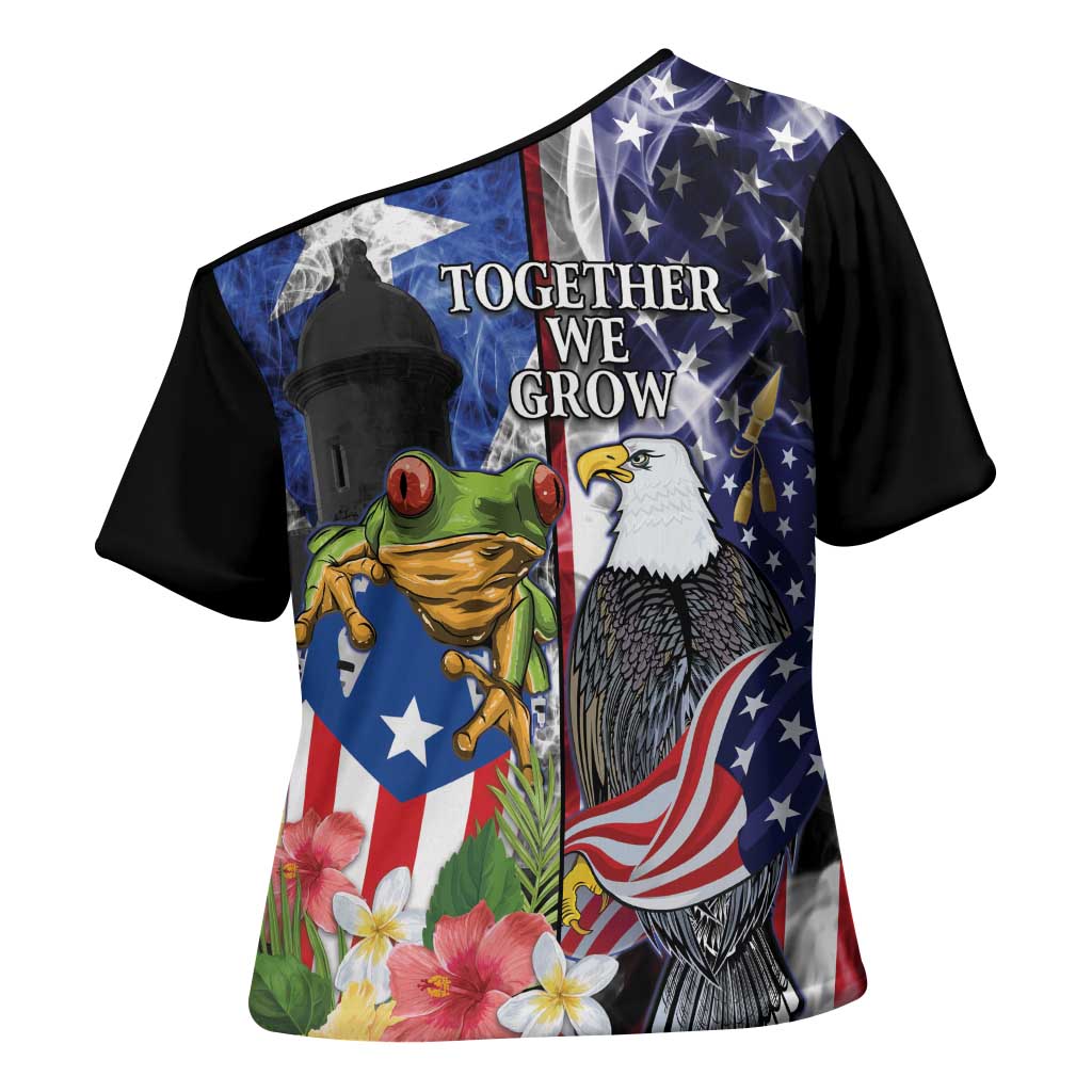 United States Puerto Rico Cross Shoulder Shirt USA Eagle Coqui Drum Tropical Flowers - Wonder Print Shop