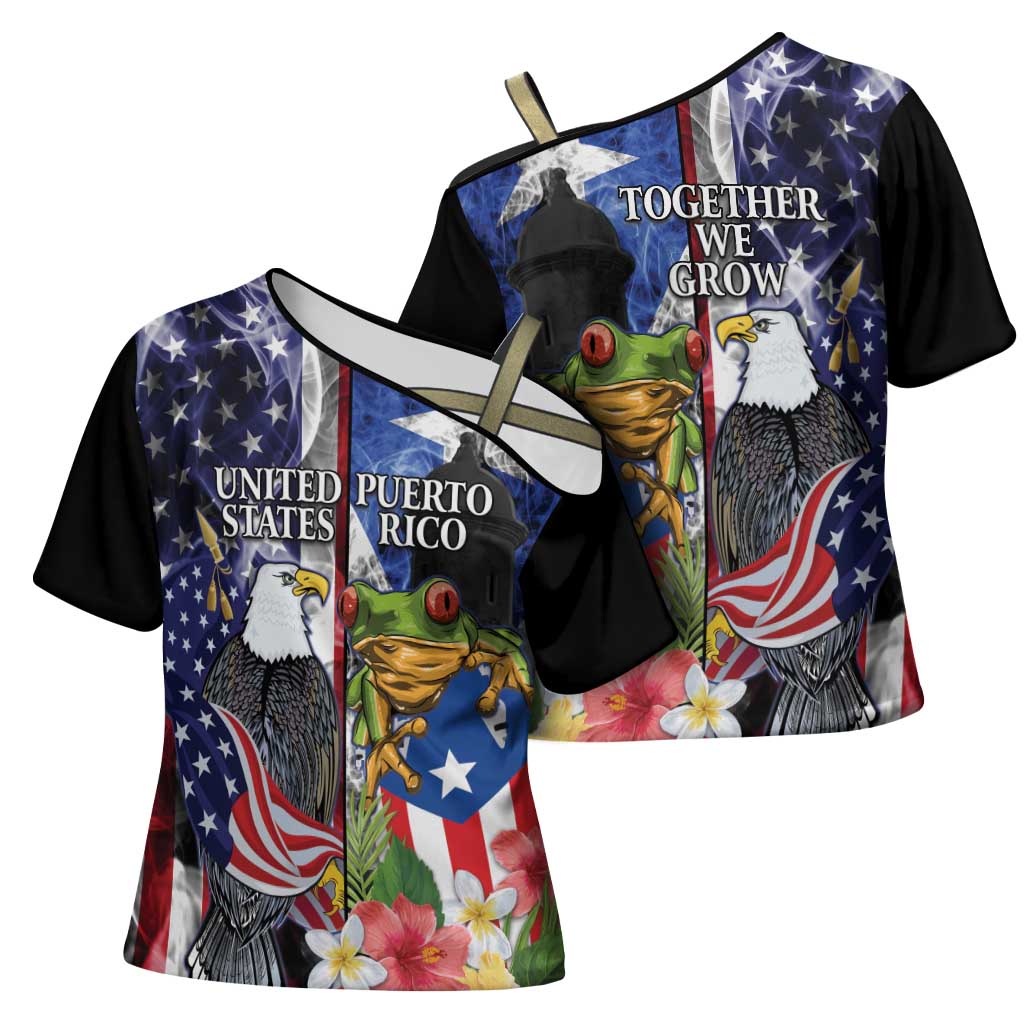 United States Puerto Rico Cross Shoulder Shirt USA Eagle Coqui Drum Tropical Flowers - Wonder Print Shop
