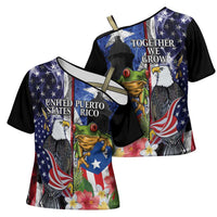 United States Puerto Rico Cross Shoulder Shirt USA Eagle Coqui Drum Tropical Flowers - Wonder Print Shop