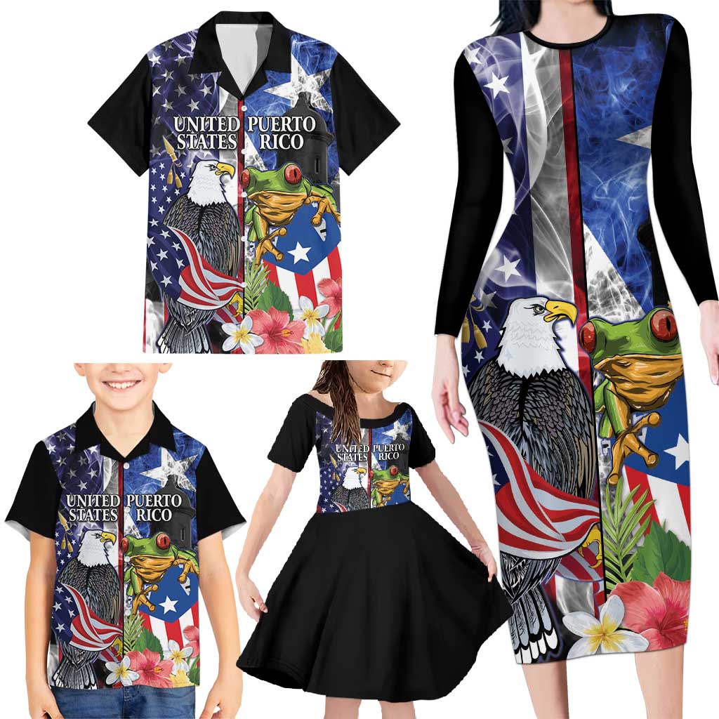United States Puerto Rico Family Matching Long Sleeve Bodycon Dress and Hawaiian Shirt USA Eagle Coqui Drum Tropical Flowers - Wonder Print Shop