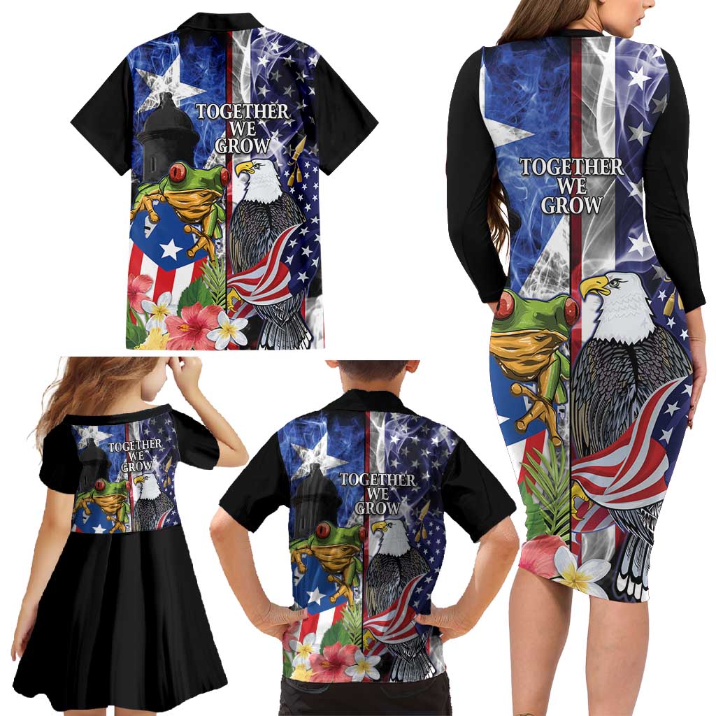 United States Puerto Rico Family Matching Long Sleeve Bodycon Dress and Hawaiian Shirt USA Eagle Coqui Drum Tropical Flowers - Wonder Print Shop