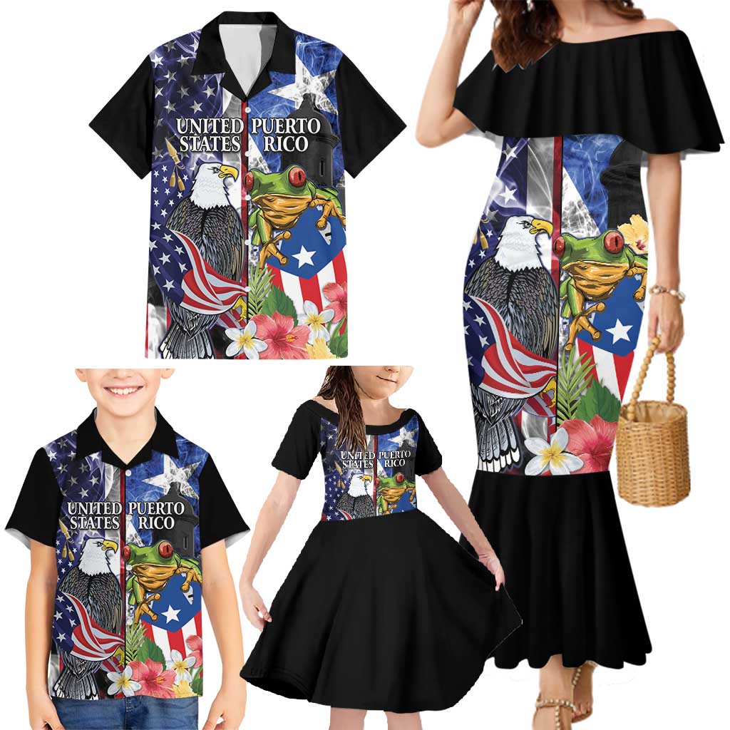 United States Puerto Rico Family Matching Mermaid Dress and Hawaiian Shirt USA Eagle Coqui Drum Tropical Flowers - Wonder Print Shop