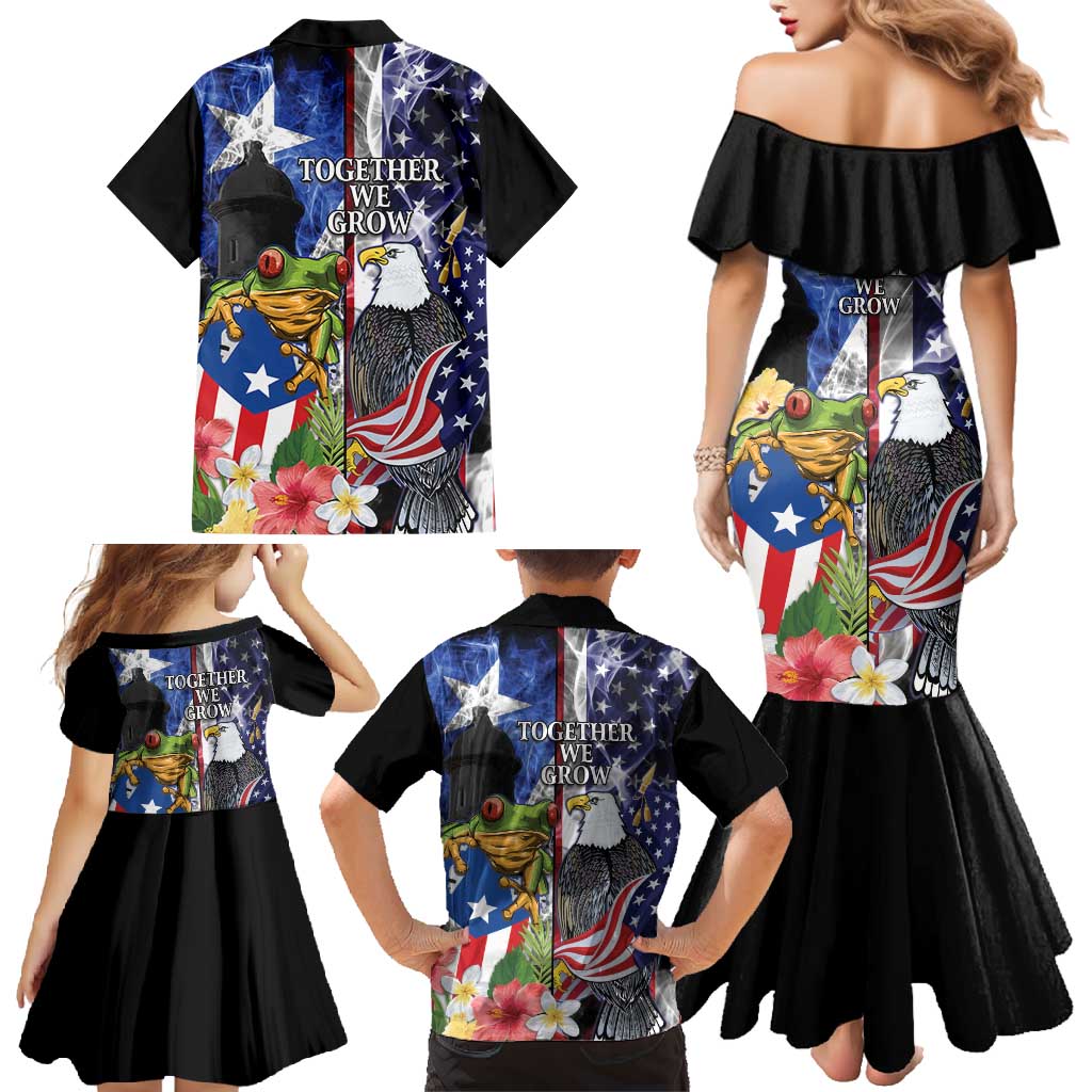 United States Puerto Rico Family Matching Mermaid Dress and Hawaiian Shirt USA Eagle Coqui Drum Tropical Flowers - Wonder Print Shop