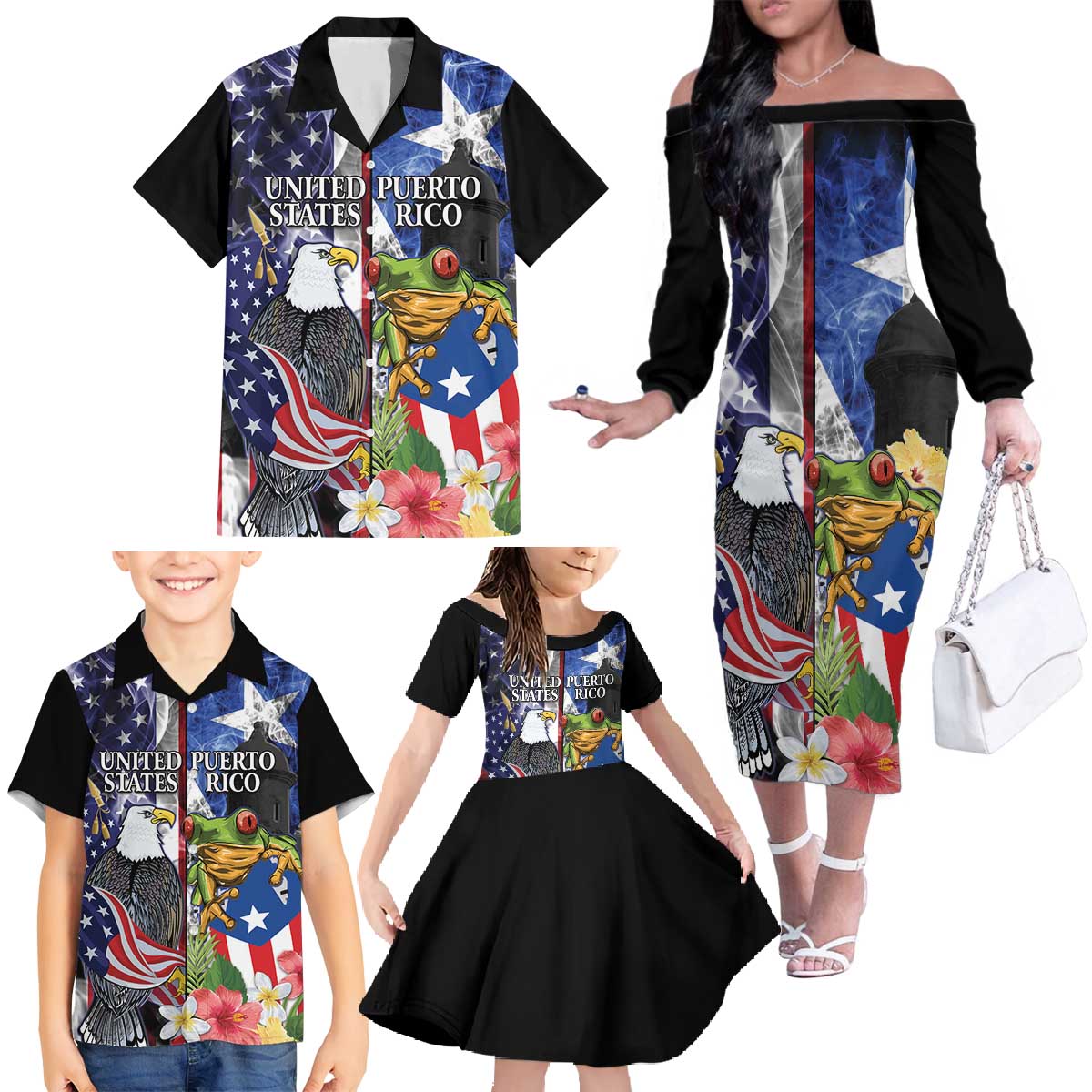 United States Puerto Rico Family Matching Off The Shoulder Long Sleeve Dress and Hawaiian Shirt USA Eagle Coqui Drum Tropical Flowers - Wonder Print Shop