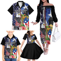 United States Puerto Rico Family Matching Off The Shoulder Long Sleeve Dress and Hawaiian Shirt USA Eagle Coqui Drum Tropical Flowers - Wonder Print Shop