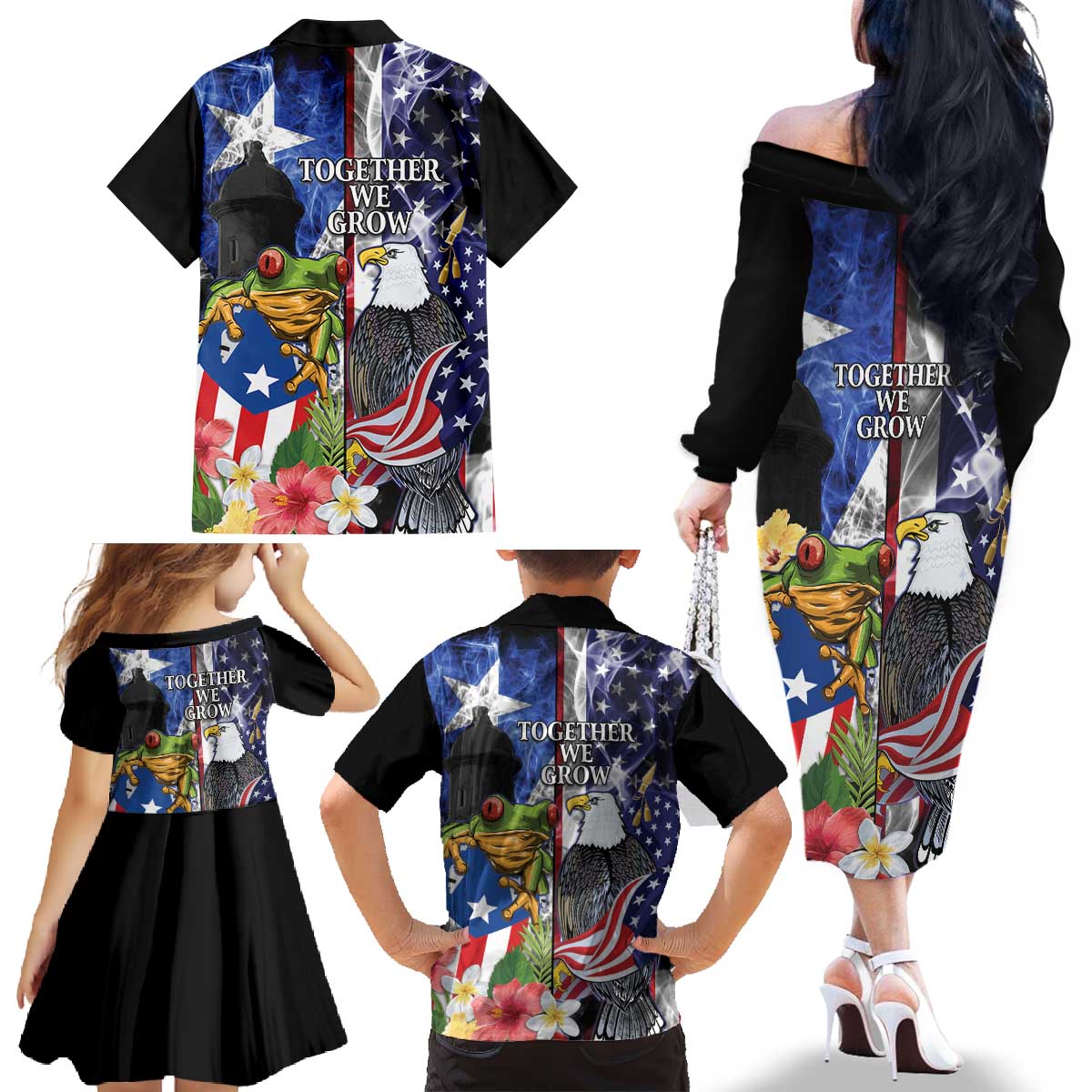 United States Puerto Rico Family Matching Off The Shoulder Long Sleeve Dress and Hawaiian Shirt USA Eagle Coqui Drum Tropical Flowers - Wonder Print Shop