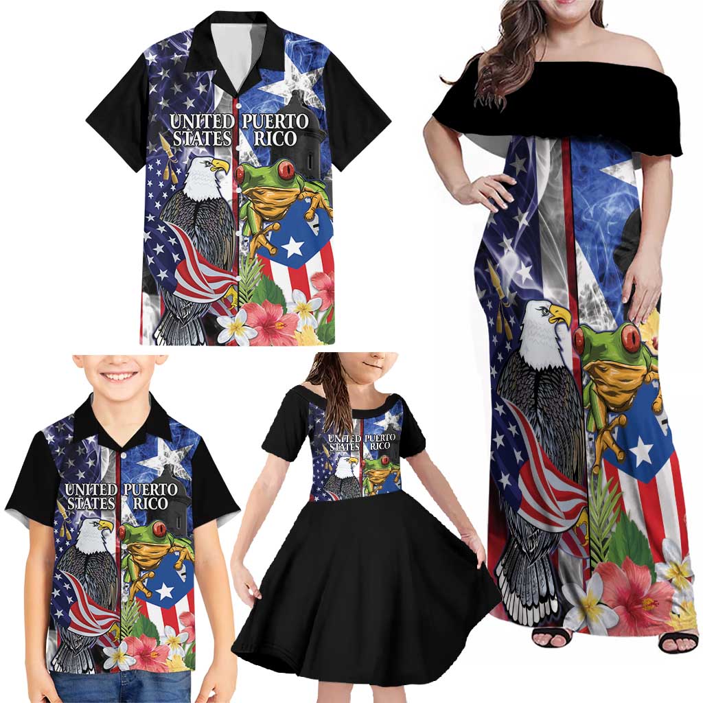 United States Puerto Rico Family Matching Off Shoulder Maxi Dress and Hawaiian Shirt USA Eagle Coqui Drum Tropical Flowers - Wonder Print Shop