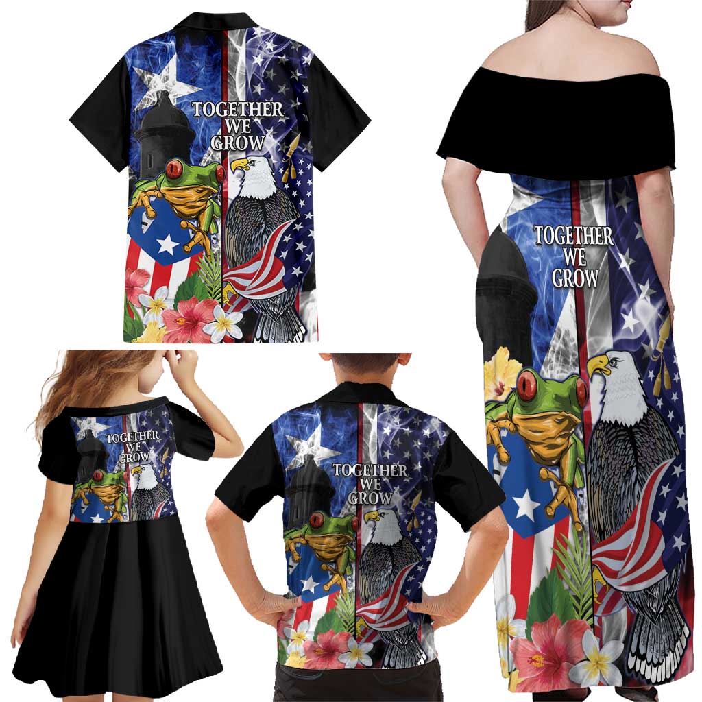 United States Puerto Rico Family Matching Off Shoulder Maxi Dress and Hawaiian Shirt USA Eagle Coqui Drum Tropical Flowers - Wonder Print Shop