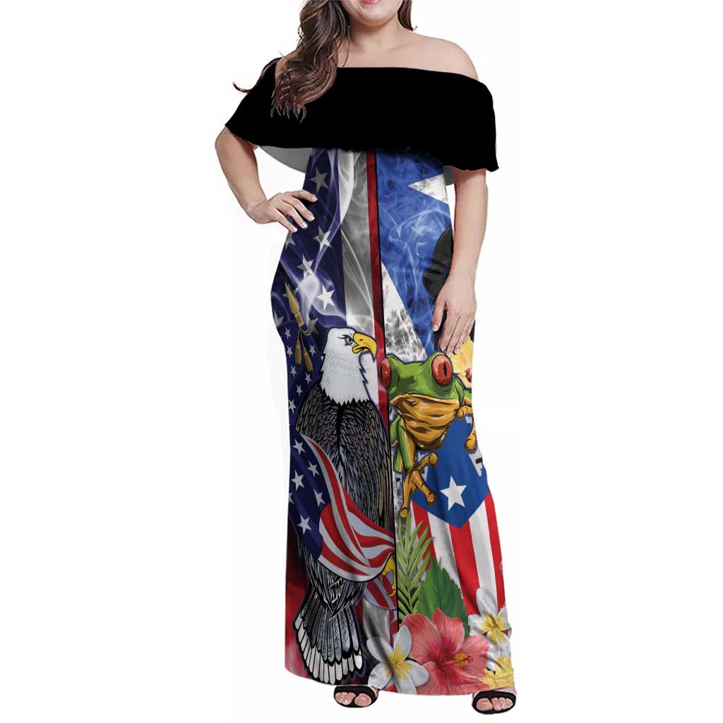 United States Puerto Rico Family Matching Off Shoulder Maxi Dress and Hawaiian Shirt USA Eagle Coqui Drum Tropical Flowers - Wonder Print Shop