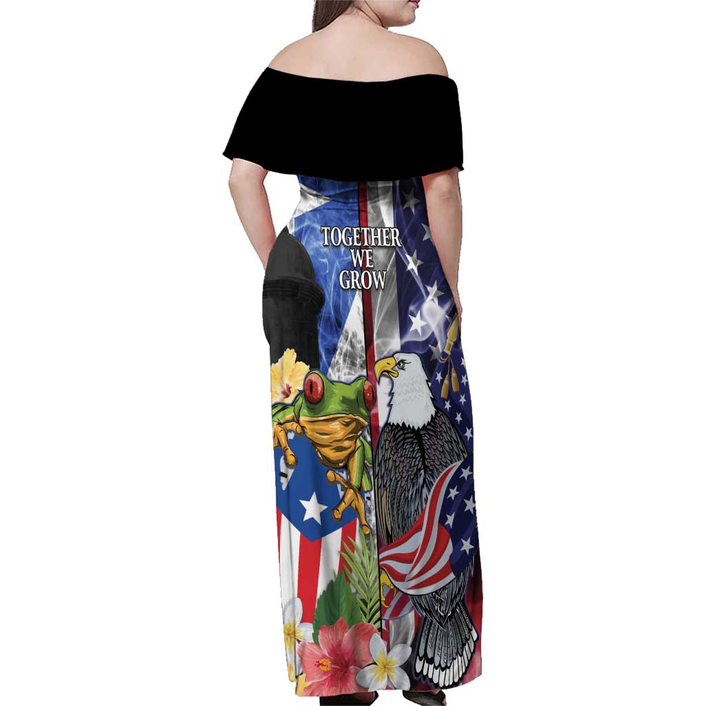 United States Puerto Rico Family Matching Off Shoulder Maxi Dress and Hawaiian Shirt USA Eagle Coqui Drum Tropical Flowers - Wonder Print Shop