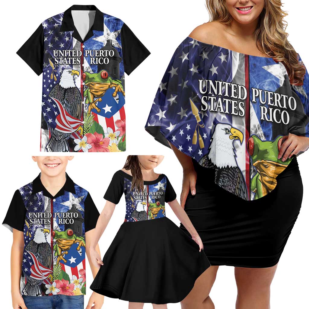 United States Puerto Rico Family Matching Off Shoulder Short Dress and Hawaiian Shirt USA Eagle Coqui Drum Tropical Flowers - Wonder Print Shop