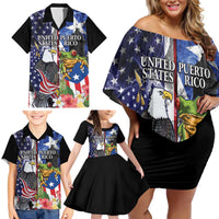 United States Puerto Rico Family Matching Off Shoulder Short Dress and Hawaiian Shirt USA Eagle Coqui Drum Tropical Flowers - Wonder Print Shop