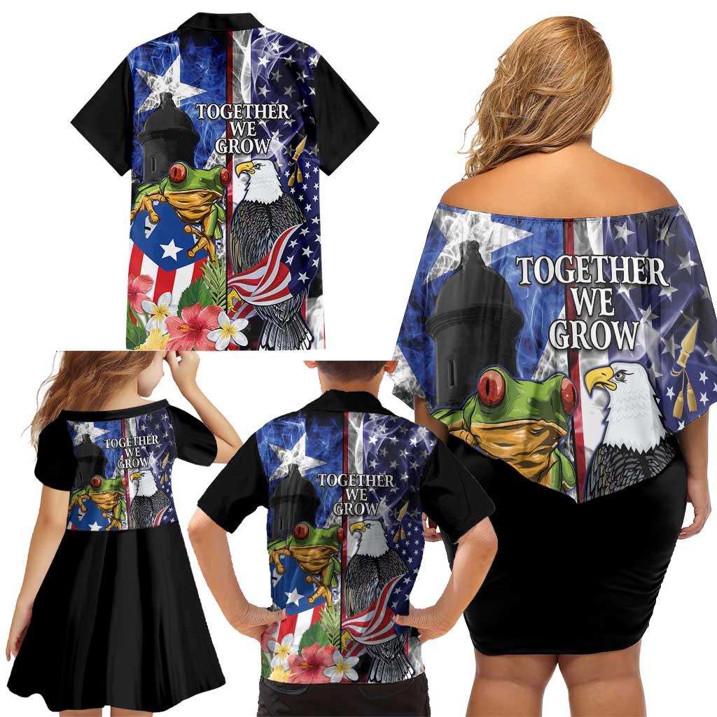 United States Puerto Rico Family Matching Off Shoulder Short Dress and Hawaiian Shirt USA Eagle Coqui Drum Tropical Flowers - Wonder Print Shop