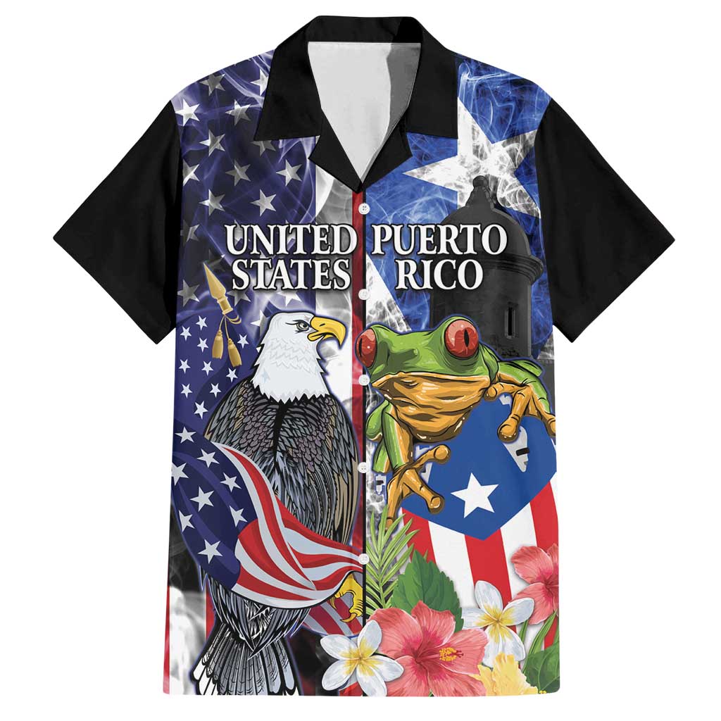 United States Puerto Rico Family Matching Off Shoulder Short Dress and Hawaiian Shirt USA Eagle Coqui Drum Tropical Flowers - Wonder Print Shop