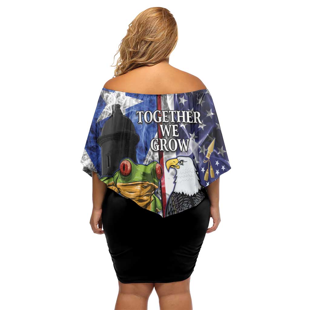 United States Puerto Rico Family Matching Off Shoulder Short Dress and Hawaiian Shirt USA Eagle Coqui Drum Tropical Flowers - Wonder Print Shop
