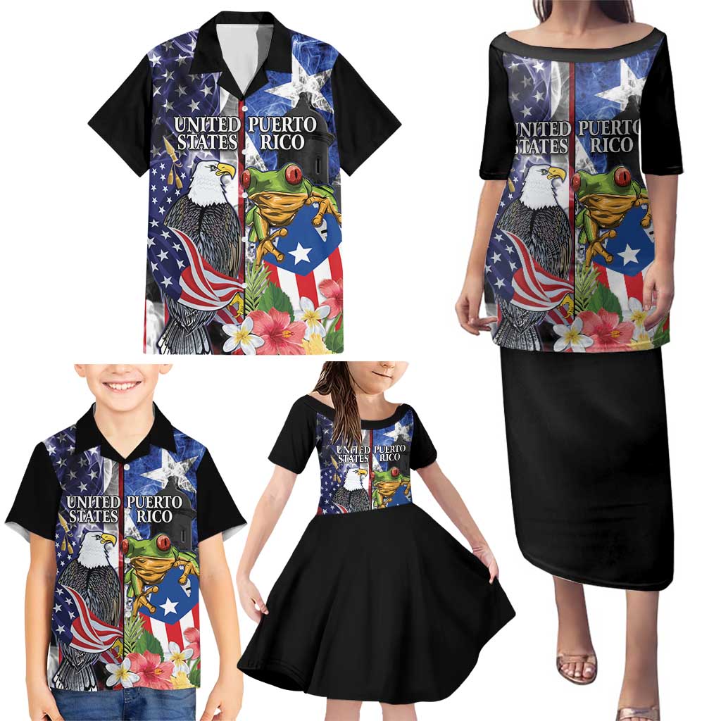 United States Puerto Rico Family Matching Puletasi and Hawaiian Shirt USA Eagle Coqui Drum Tropical Flowers - Wonder Print Shop