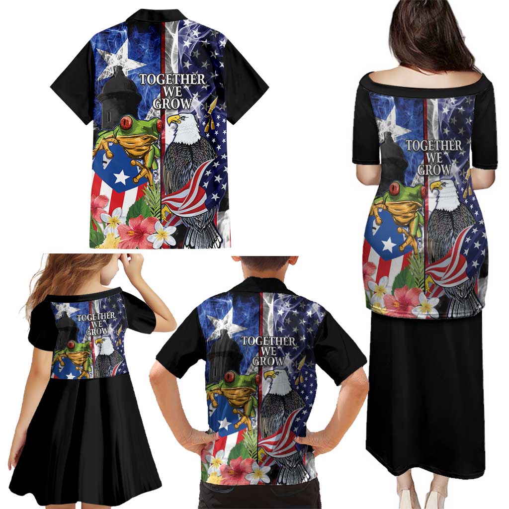 United States Puerto Rico Family Matching Puletasi and Hawaiian Shirt USA Eagle Coqui Drum Tropical Flowers - Wonder Print Shop