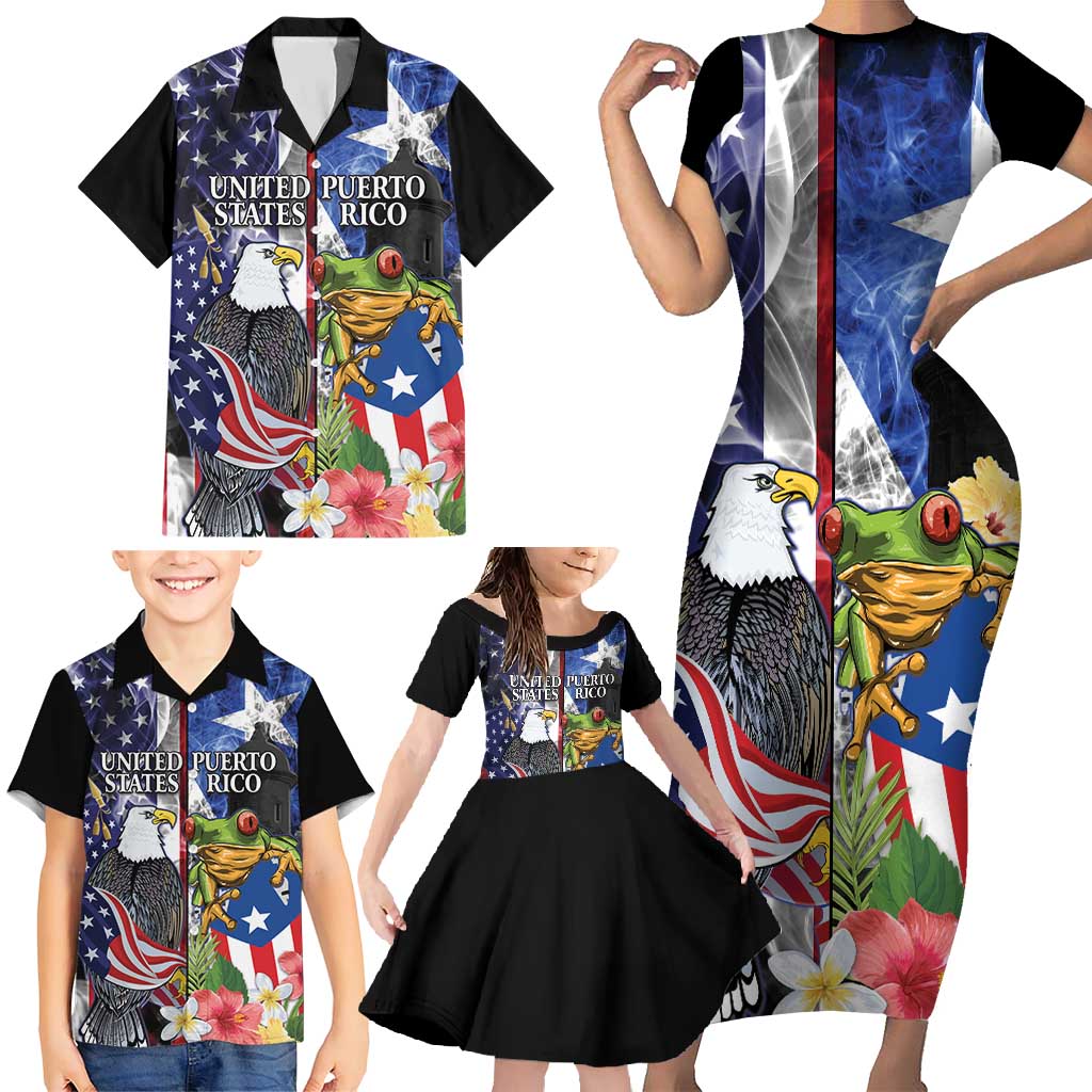 United States Puerto Rico Family Matching Short Sleeve Bodycon Dress and Hawaiian Shirt USA Eagle Coqui Drum Tropical Flowers - Wonder Print Shop