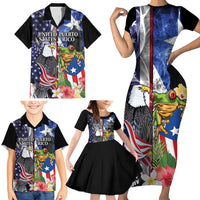 United States Puerto Rico Family Matching Short Sleeve Bodycon Dress and Hawaiian Shirt USA Eagle Coqui Drum Tropical Flowers - Wonder Print Shop