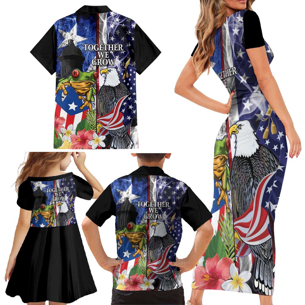 United States Puerto Rico Family Matching Short Sleeve Bodycon Dress and Hawaiian Shirt USA Eagle Coqui Drum Tropical Flowers - Wonder Print Shop