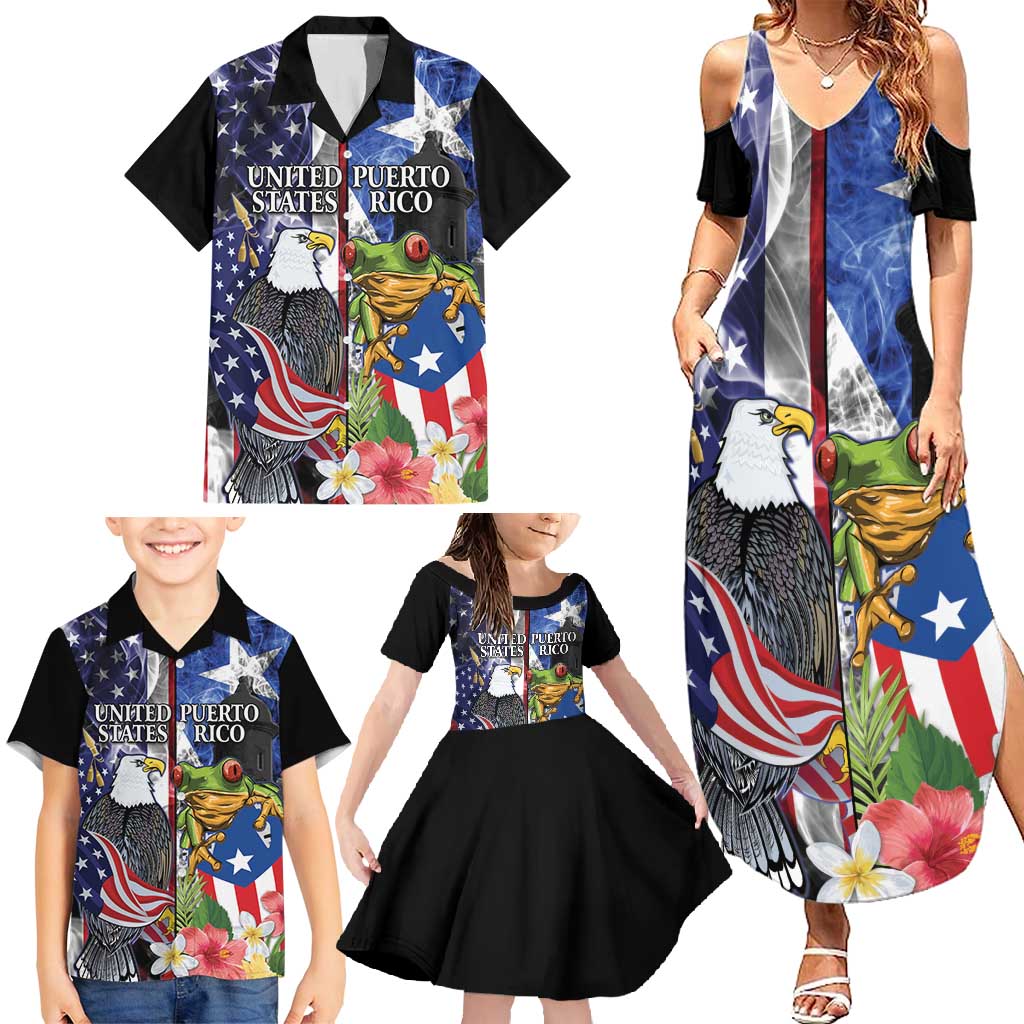 United States Puerto Rico Family Matching Summer Maxi Dress and Hawaiian Shirt USA Eagle Coqui Drum Tropical Flowers - Wonder Print Shop