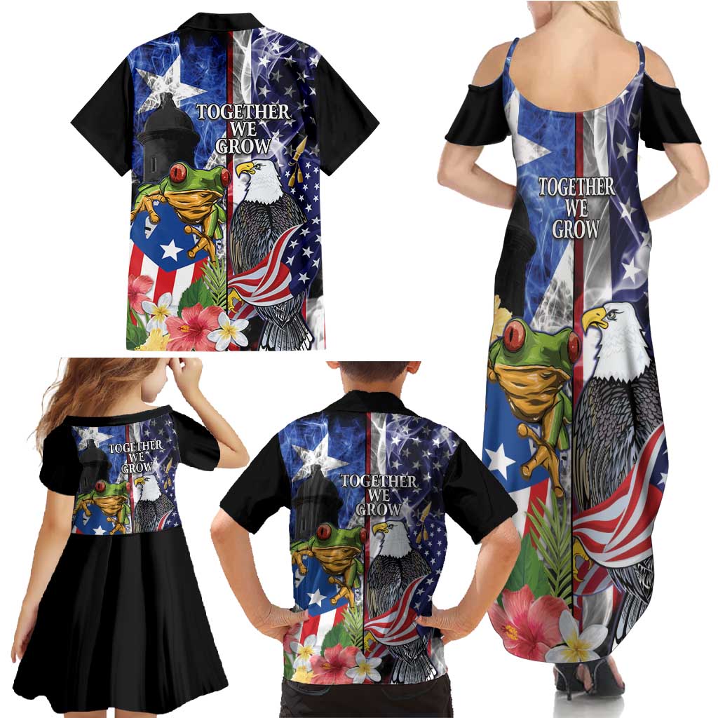 United States Puerto Rico Family Matching Summer Maxi Dress and Hawaiian Shirt USA Eagle Coqui Drum Tropical Flowers - Wonder Print Shop