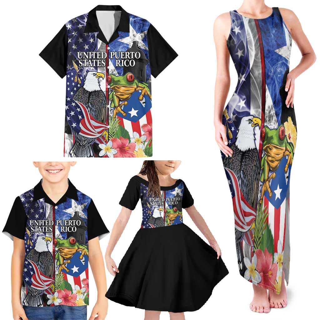 United States Puerto Rico Family Matching Tank Maxi Dress and Hawaiian Shirt USA Eagle Coqui Drum Tropical Flowers - Wonder Print Shop